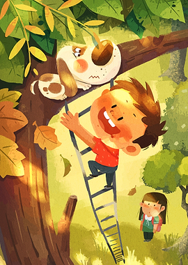 Boy rescuing puppy from tree