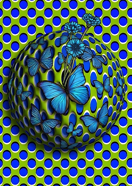 Blue Butterflies on Optical Illusion Sphere