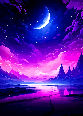 Vibrant Purple Moonlit Mountain Landscape