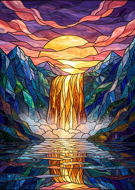 Stained Glass Waterfall Sunset Landscape
