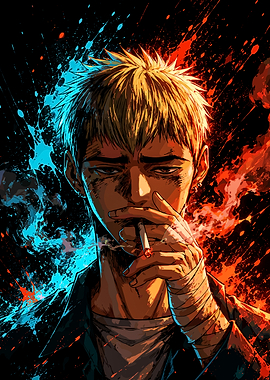 Anime Boy Smoking with Color Splatter