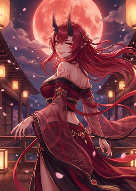 Red Oni Demon Girl Under Moon