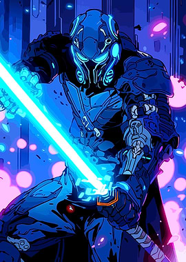 Cyberpunk Warrior with Glowing Energy Blade
