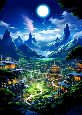 Futuristic Alien Valley Under Moonlight