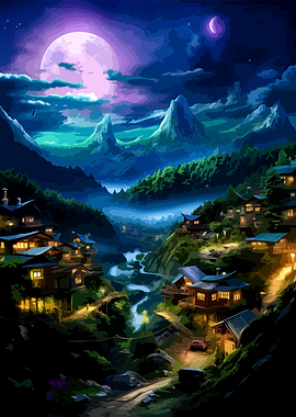 Enchanted Mountain Village Under Moonlight