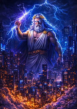Zeus Summoning Lightning Over Cityscape