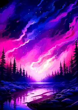 Vibrant Neon Aurora Over Forest Lake