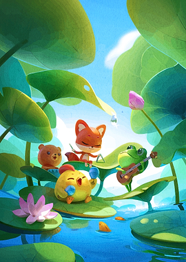 Cute Animals Playing Music on Lilypads