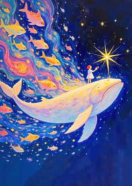 Girl Riding Whale Through Starry Sky