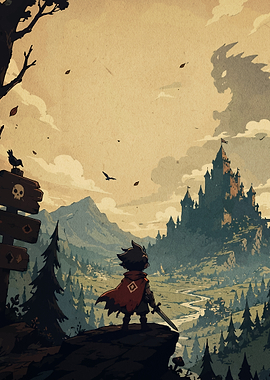 Young Hero Facing a Dark Castle