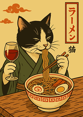Cat Eating Ramen with Wine