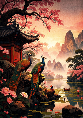 Peacocks by a Traditional Asian Pavilion