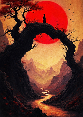 Silhouette Figure Under Red Sun