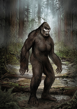 Bigfoot Standing in Misty Forest