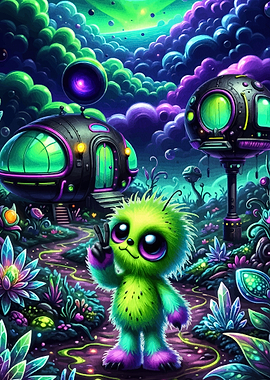 Cute Alien Creature in Neon Landscape