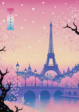Eiffel Tower Cherry Blossom Sunset