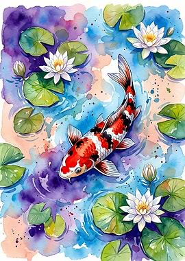Watercolor Koi Fish and Water Lilies