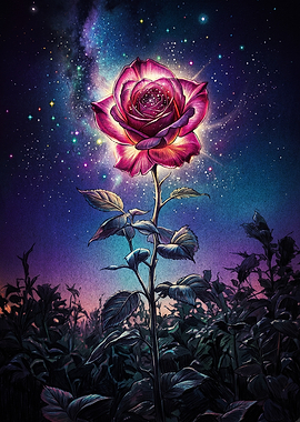 Glowing Cosmic Rose in Night Sky