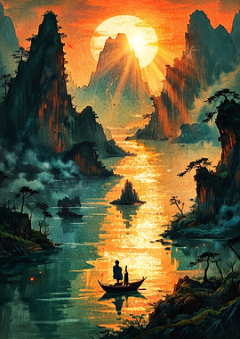 Lone Boatman at Golden Sunset