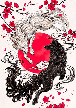 Yin Yang Wolves with Cherry Blossoms