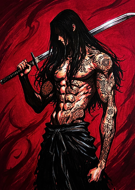 Tattooed Samurai Warrior with Katana