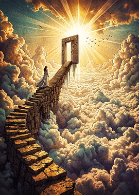 Woman Ascending Stone Stairs to Heaven