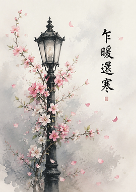 Vintage Lamp Post with Cherry Blossoms
