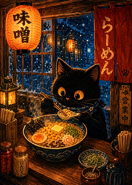 Black Cat Eating Ramen in Winter