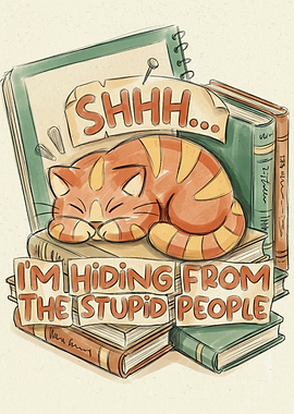 Cat Hiding on Books Illustration