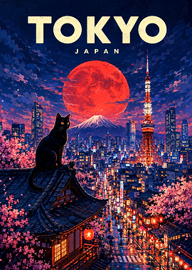 Tokyo Japan Night Cat Poster