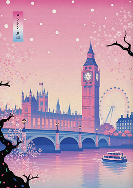 London Skyline with Cherry Blossoms