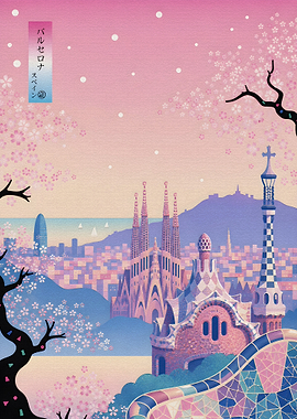 Barcelona Cityscape with Cherry Blossoms