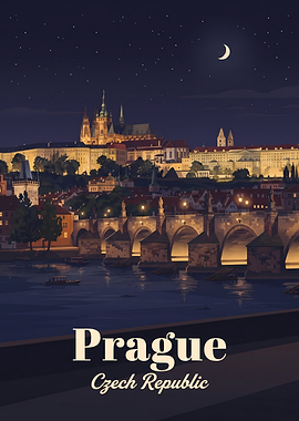 Prague Night Cityscape Travel Poster