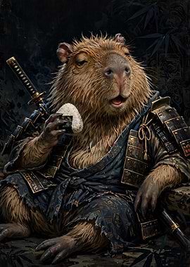 Samurai Capybara Eating Onigiri