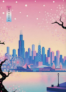 Chicago Skyline with Cherry Blossoms