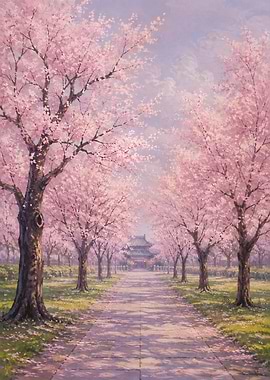 Cherry Blossom Path to Temple