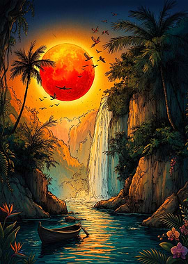 Tropical Waterfall at Sunset