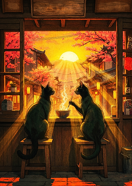 Two Cats Eating Ramen at Sunset