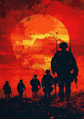 Soldiers Marching Against Red Sunset