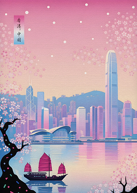 Hong Kong Skyline Cherry Blossom Art