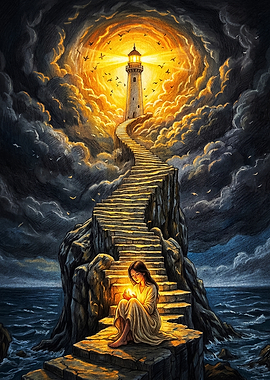 Woman Sitting on Stairway to Lighthouse