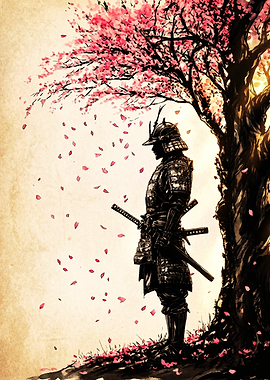 Samurai Standing Under Cherry Blossom Tree