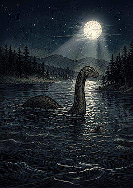 Loch Ness Monster Under Moonlight