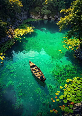 Lone Boat on Emerald Pond
