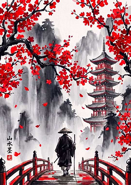 Red Cherry Blossom Pagoda – Samurai & Mountain Landscape