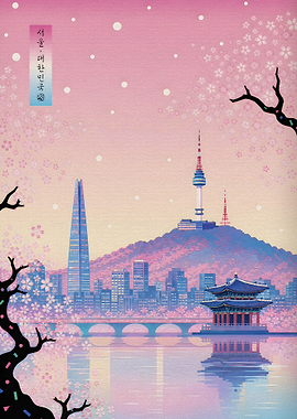 Seoul Cityscape with Cherry Blossoms