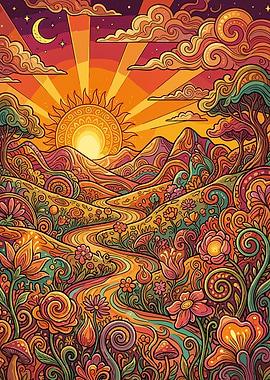 Psychedelic Sunset Landscape with Flowers