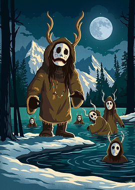 Mysterious Antlered Figures in Winter Night