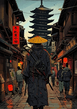 Wandering Samurai in Traditional Japanese Street