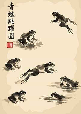 Traditional Ink Wash Painting of Frogs